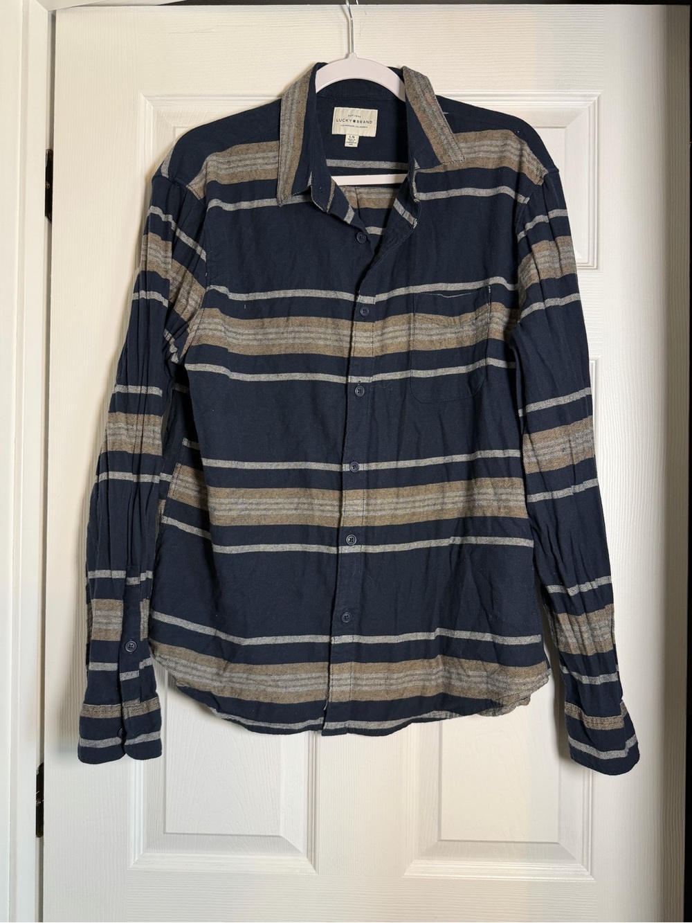 Lucky Brand Men's Navy and Tan Striped Button-Up Shirt